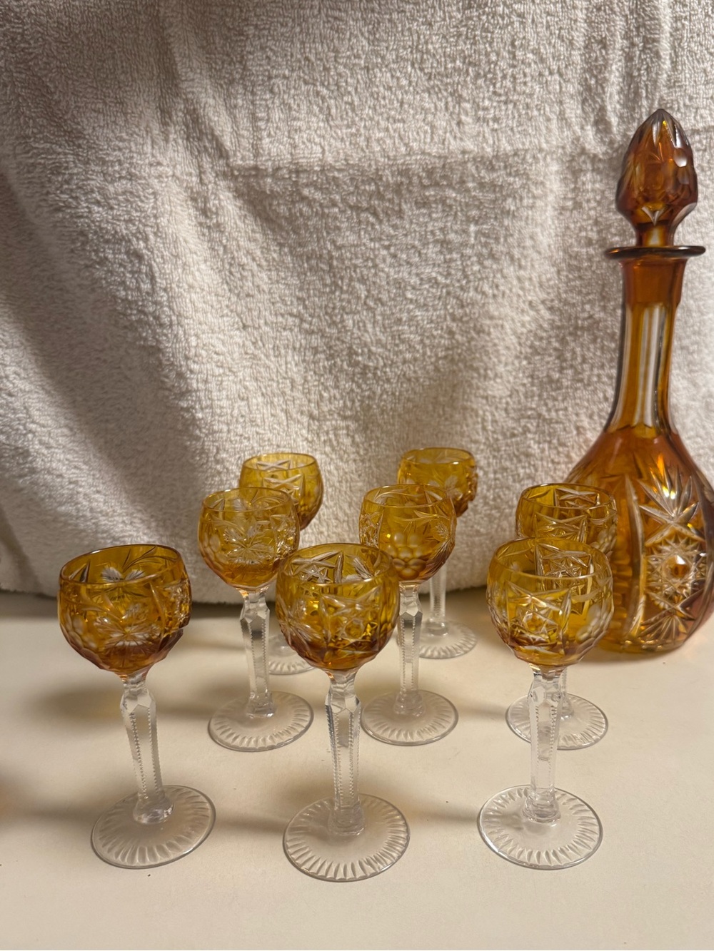 Vintage Nachtmann Traube Amber Cut-Glass Liqueur Set with Decanter - 8-Piece